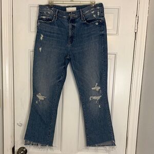 Mother  the insider  crop step fray Distressed Dark Blue Women’s Jeans